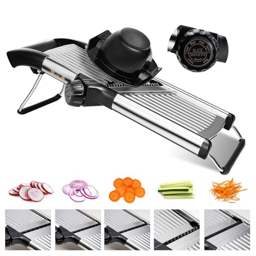 5 in 1 Manual Adjustable Vegetable Mandolin, Stainless Steel Blades, Hand Protection, Julienne Slicer for Potatoes Carrots Onions