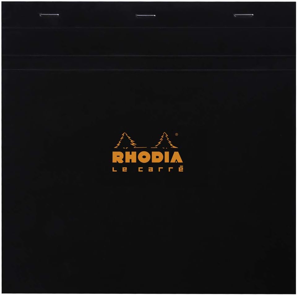 RHODIA 210209C, Stapled Notepad N°210 Black, 21x21 cm, Small Squares, 80 Detachable Sheets, White Clairefontaine Paper 80 g/m