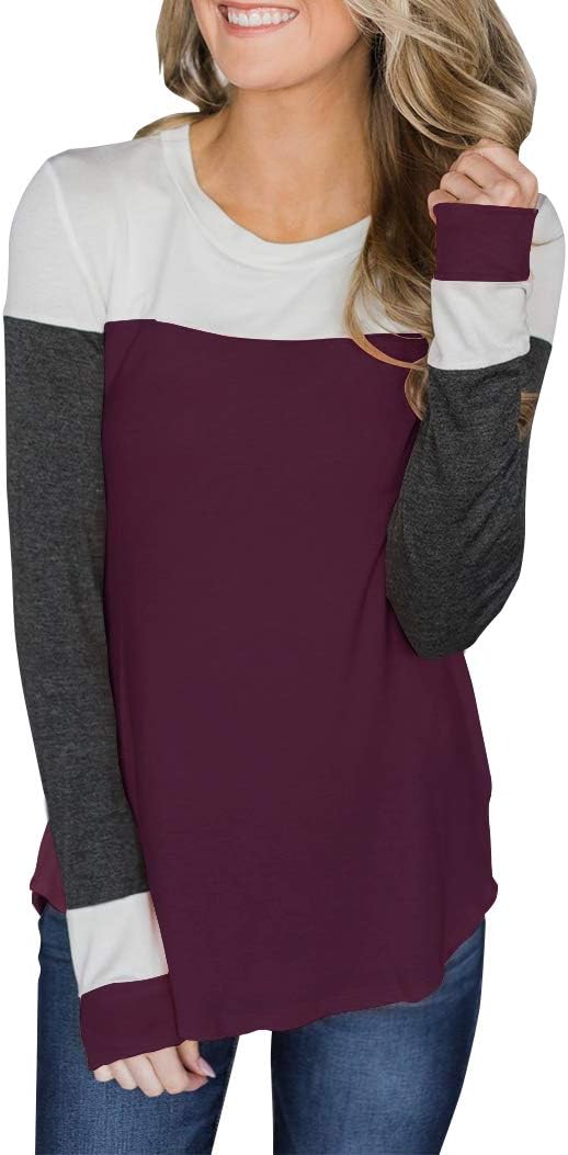Women's Long Sleeve Crew Neck Cute Tunic Color Block Tops