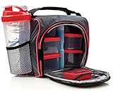 BloominGoods Meal Prep Bag, Lunch Box with Leakproof Portion Control Container Set, Reusable Ice Pack, Shaker Bottle and Vitamin Pocket for Healthy Meals All Day (Red)