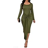 ENOPINK Fall Bodycon Dresses for Women 2026 Spring Long Sleeve Midi Dress Square Neck Party Club Wrap Long Dress