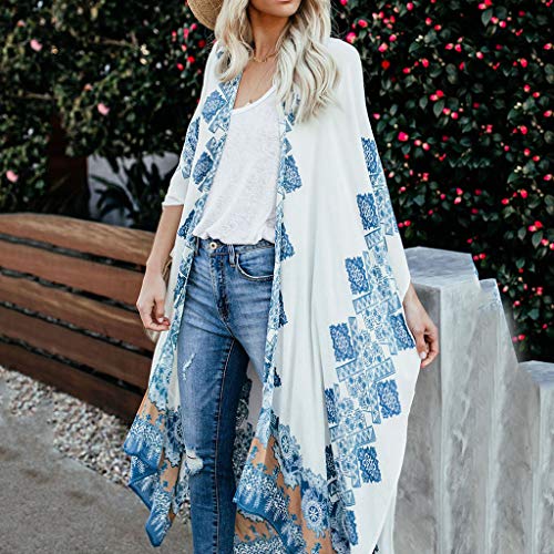 Women China Print Loose Long Bohe Maxi Bat-Wing Sleeve Cover-up Kimono Cardigan