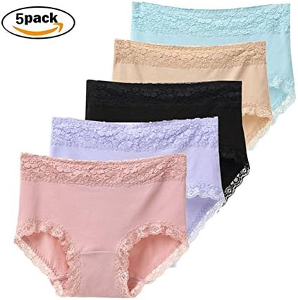 HUIMALL Womens Cotton Panties Sexy Lace Underwear Briefs Mid Rise Seamless Panties Plus Size(5 Pack)