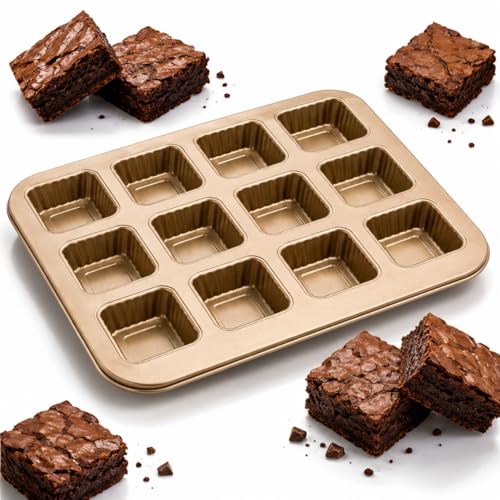 Forma para Brownie 12 Cavidades Quadradas Antiaderente, Assadeira de Aço Carbono para Mini Brownies, Cupcake, Mini Bolos, Doces e Sobremesas no Forno