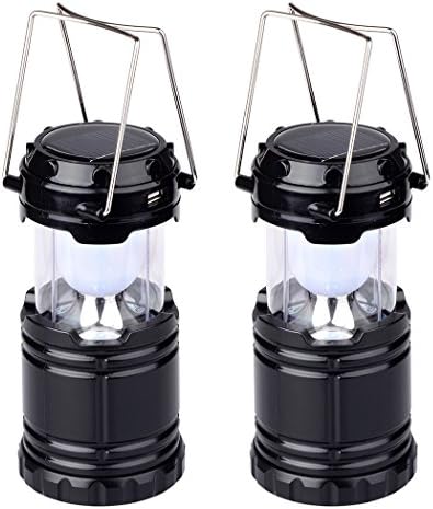 Hatori Solar Rechargeable LED Lanterns Flashlights for Camping Outdoorsman, USB Emergency Power Bank for Android Phones, Black(Pack of 2)