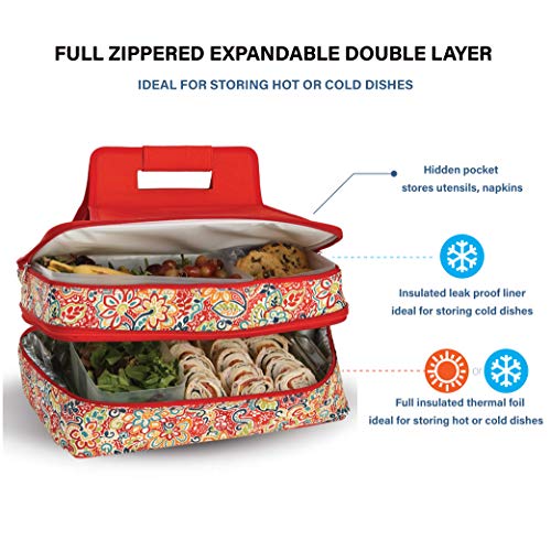 Picnic Plus 18" Casserole Carrier 2 Level Thermal Insulated Hot and Cold Food Carrier Double Layer Food Carrier Bag Potluck Carrier With Bonus Containers (Sunlight Bloom)