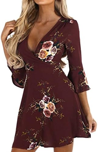 Kstare Women Summer Floral Print Knee Dresses Length Beach Casual Evening Loose Party Ladies Short Mini Dress (XL, Wine Red)