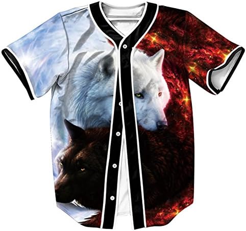 Mens Womens 3D Graphic Hip Hop Casual Sports Baseball Button Down Tee Short Sleeve Softball Jersey Active T Shirts Tops Tee (Yin Yang Wolf,XL)