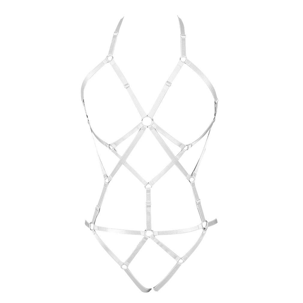 PETM•HS Women's Strap Body Harness Lingerie Full Caged Waist Garter Belts Set Strappy Frame Bralette Punk Goth Halloween Club Party Dance Rave Wear (White)