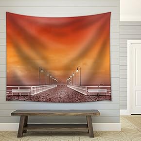 Sunset at The Pier in Poland - Fabric Wall Tapestry Home Decor - 51x60 inches