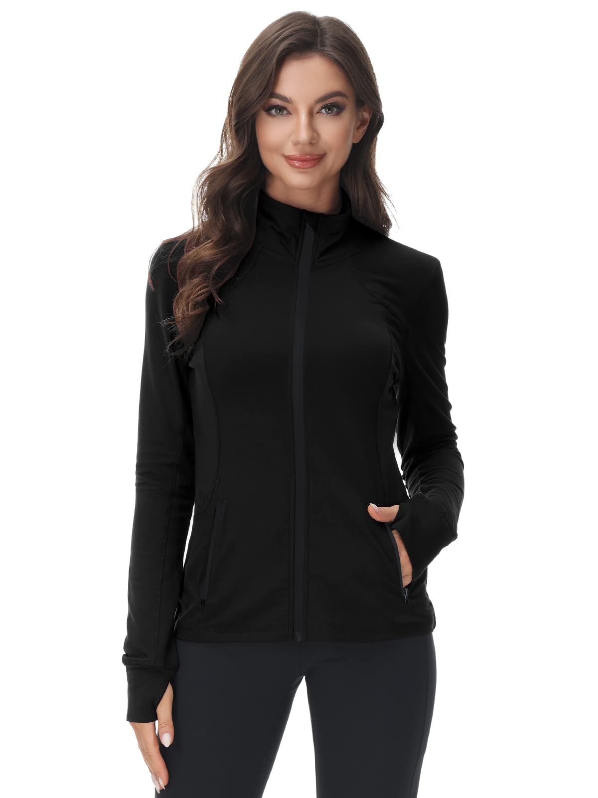 Photo 1 of COZZIPLUS Women Zip up Athletic Running Jacket Lightweight Workout Yoga Top with Thumb Holes and Pocket (Black, XL)