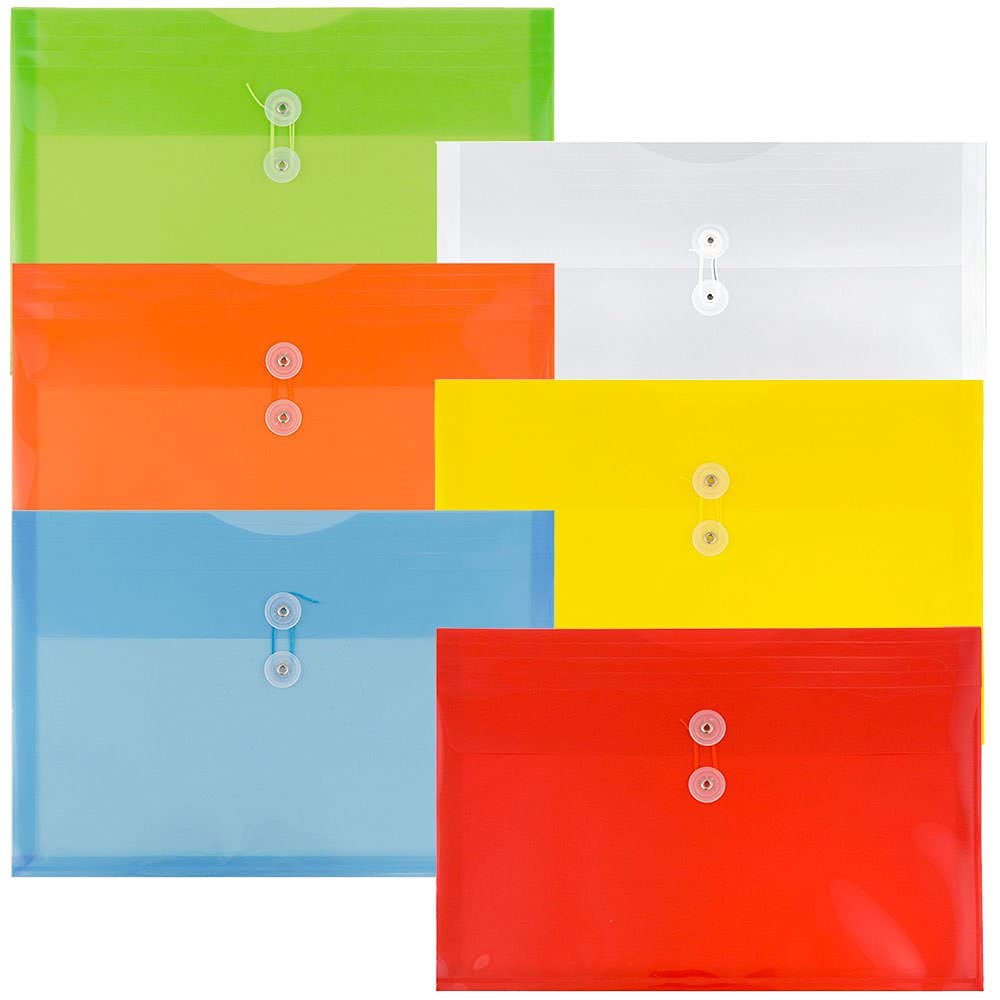 JAM PAPER Plastic Document Wallets with Button & String Tie Closure - Large Booklet Envelope - 247.6 x 31.8 x 368.3 mm - Assorted Primary Colours - 6/Pack