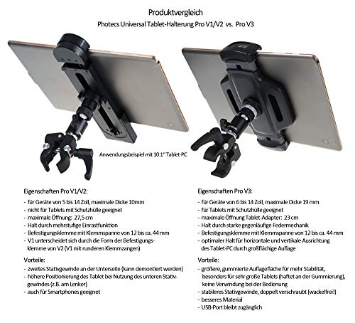 Photecs® Universal Tablet-Halterung Pro V1B, Halter f. iPad Pro 12,9" oder andere Tablets und Smartphones von 5" bis 14 Zoll, Befestigung von Tablet-PC als Monitor an Stativ, Mikrofon-Ständer etc. – Bild 7