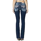 Miss Me Women's Mid-Rise Bohemian Pattern Embellished Bootcut Jeans with Faux Flap Pockets