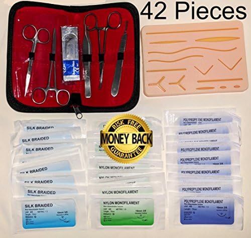 SolidAMZ Suture Kit Practice Pad Including 30 Sutures, 10 Silk, 10 Polypropylene, 10 Nylon, Reusable Large Silicone Suture Pad with Skin, Mesh, Fat, Muscle Layers and Suture Tool Kit with Case
