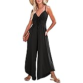 Dokotoo Womens Jumpsuits Spaghetti Straps Ruched Drawstring Knit Wide Leg Romper Casual Jumpsuits with Pockets