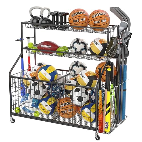 Gadroad Garage Sports Equipment Organizer, Ball Storage Rack, Sports Gear Storage, Garage Ball Storage, Garage Organizer with Baskets and Hooks, Rolling Sports Ball Storage Cart, Black