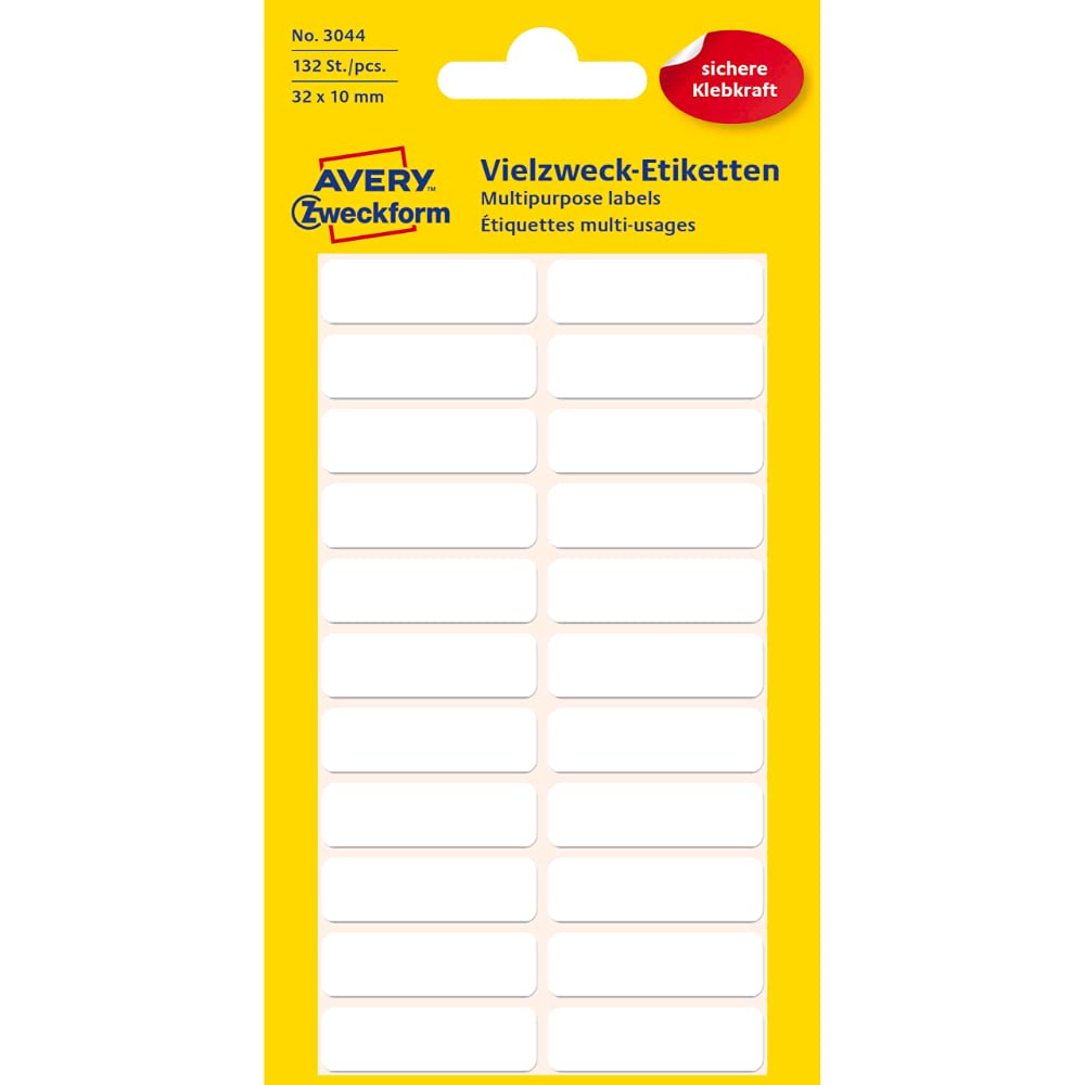 AVERY Zweckform 3044 Household Labels Self-Adhesive (32 x 10 mm, 132 Stickers on 6 Sheets, Multi-Purpose Labels for Household, School and Office for Labelling and Labelling) Blank, White