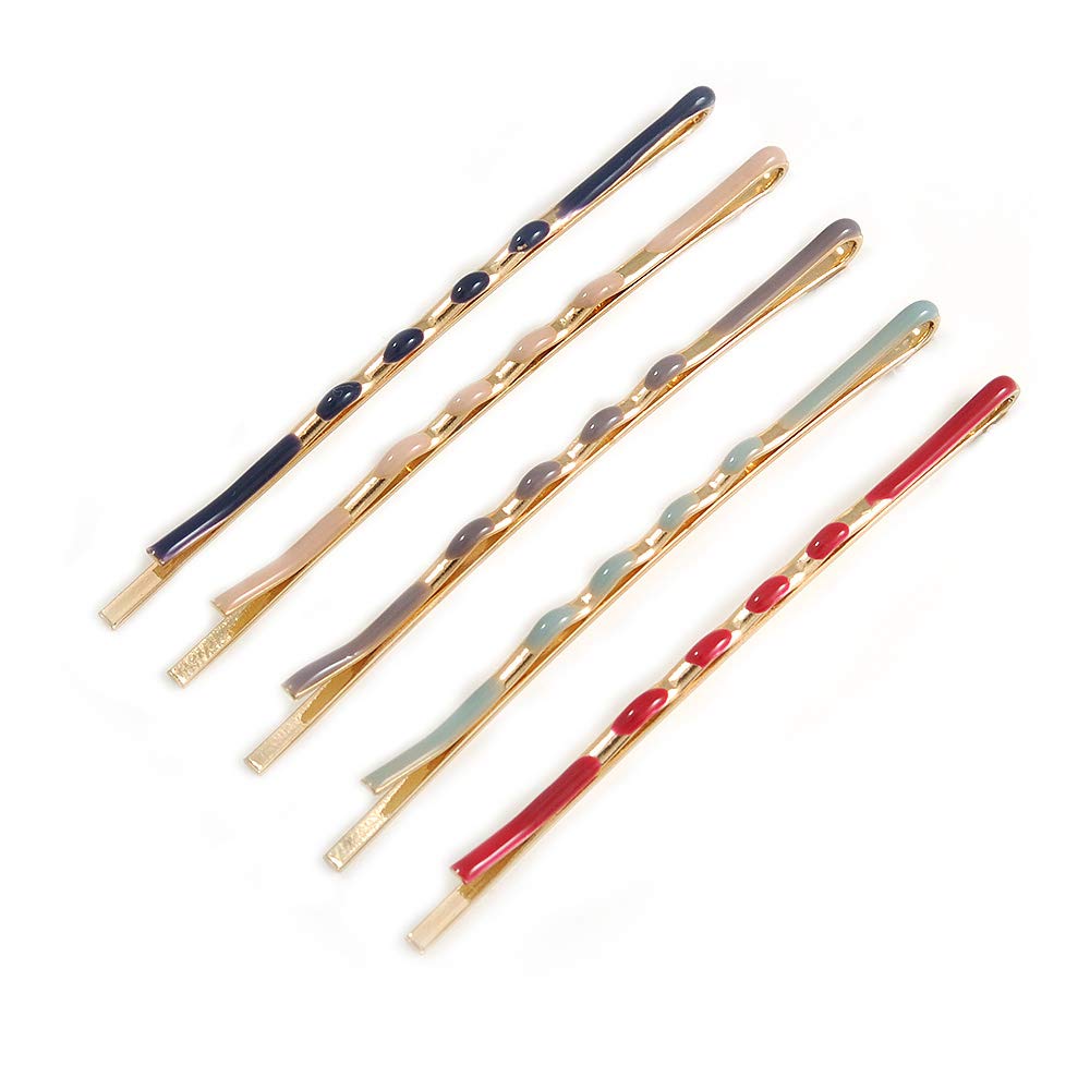 Set of 5 Multicoloured Enamel Hair Slides In Gold Tone - 65mm Long
