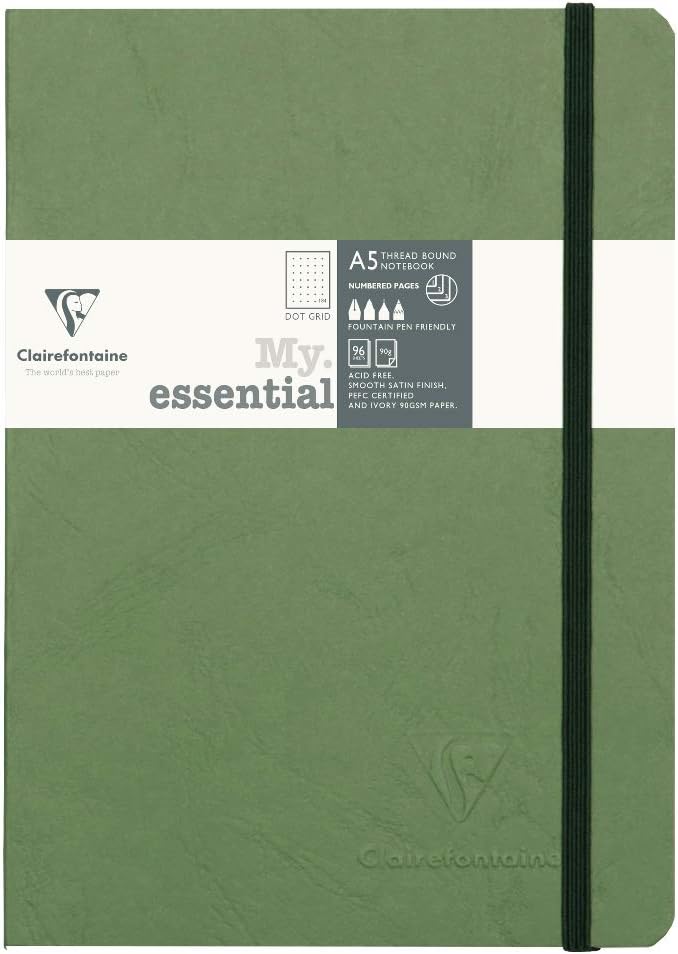 Clairefontaine 793433C Collection Age Bag Green MyEssential Stitched Elastic Notebook, A5 14,8x21cm, 192 DOT Numbered Pages