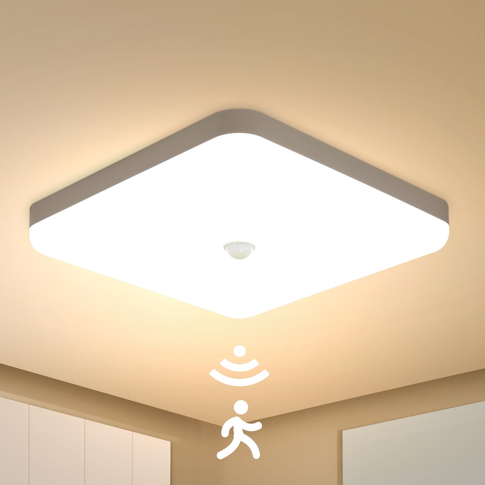 Combuh 30W LED Motion Sensor Ceiling Light Indoor, 25CM Warm White 3000K, IP56 Waterproof Lights Fitting with PIR for Porch Hallway Roof Stairway