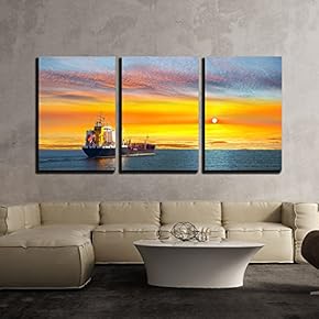 3 Piece Canvas Wall Art - Tanker Ship on Calm Sea in The Morning. - Modern Home Art Stretched and Framed Ready to Hang - 16"x24"x3 Panels