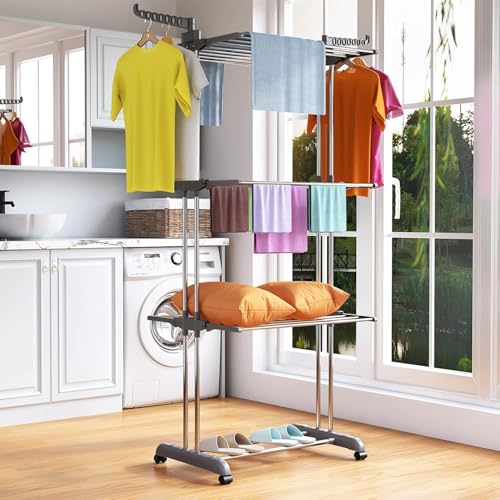 Toworld Clothes Drying Rack Folding 4 Tier Clothes Horses Rack Stainless Steel Laundry Drying Rack with 2 Adjustable Side Wings, Space Saving Free-Standing Dryer Stand for Clothing