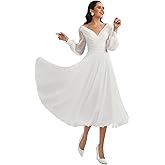 Caodip Womens Long Sleeve Wedding Dresses for Bride Tea Length V Neck Bridal Gown A Line Chiffon Formal Midi Dress