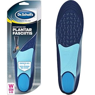Dr. Scholl’s Plantar Fasciitis Pain Relief Orthotic Insoles for women’s sizes 6-10, shown in packaging labeled “Pain Relief Orthotics for Plantar Fasciitis.” The insoles feature a reinforced arch, shock-absorbing heel cushion, and are marked for the right foot. These insoles for plantar fasciitis provide targeted pain relief and support.