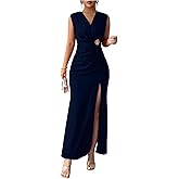 GORGLITTER Women's Formal Cocktail Bodycon Maxi Dress Wedding Guest Dress Metal Ruched V Neck Wrap Sleeveless Dresses