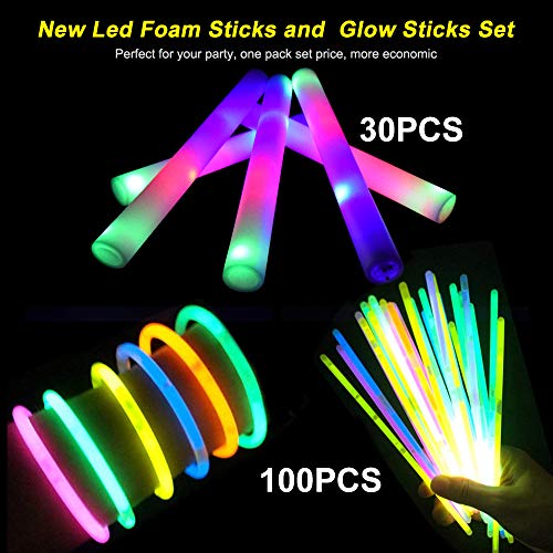 LifBetter 130 Pack Glow Sticks Bulk, 30 PCS Foam Glow Sticks and 100