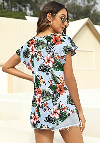 NANYUAYA WOMENS SUMMER TOPS RUFFLE SHORT SLEEVE TSHIRT CASUAL V NECK FLORAL PRINT SHIRT