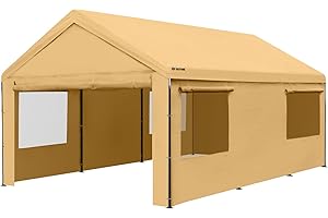 OUTFINE Carport Canopy 12x20 FT Heavy Duty Boat Car Canopy Garage with Removable Sidewalls and Roll-up Ventilated Windows, Tent Stakes x 12, Windproof Ropes x 4, Sandbags x 4 (Beige)