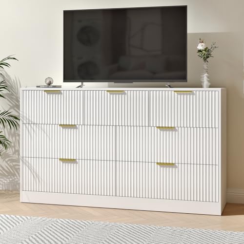 BAZELOR Dresser for Bedroom with 7 Drawer, 55” Wide White Dresser Modern Chest of Drawers with Metal Handle, Wooden TV Stand Storage Organizer for Entryway,Living Room, White