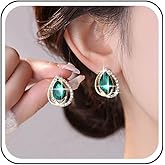 Yheakne Vintage Teardrop Emerald Earrings Green Crystal Teardrop Stud Earrings Emerald Rhinestone Earring Waterdrop Crystal Earring Jewelry for Women