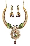 Touchstone Indian Bollywood Ethnic Peacock Theme Exotic Jaipur meenakari Enamel White Rhinestone Bridal Designer Jewelry hasli Necklace Set for Women in Gold Tone