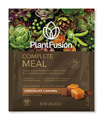 PlantFusion Complete Meal Plant Based Protein Powder, Chocolate Caramel, 1.6 oz Single Serving Packet, 12 Count, Gluten Free, Vegan, Non-GMO, Packaging May Vary