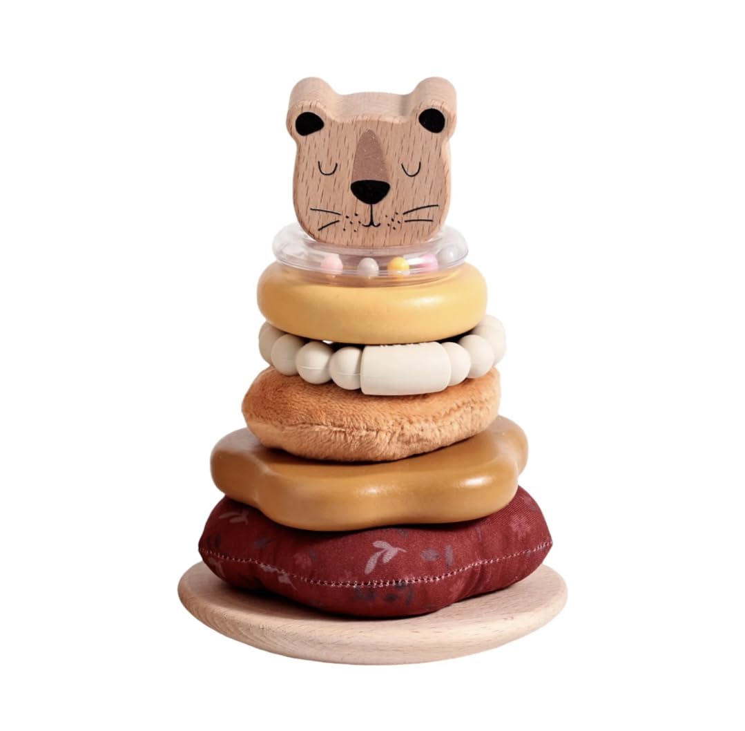 PLAYERGY Wooden Baby Stacking Rings Toy – Montessori Stacking Tower with 8 Lion Rings, Plush Stacker, Silicone Teether Bracelet & Rattle – Baby Stacking Toy for 6-18 Month Babies