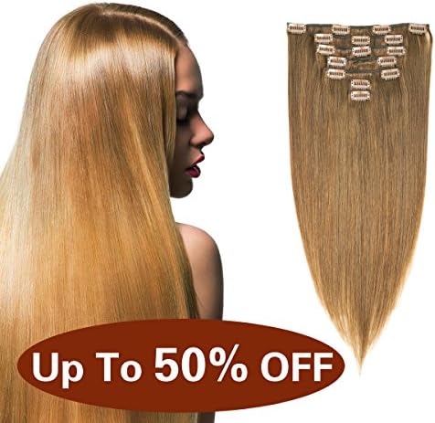 Urbest hair 8A Grade Clip In Hair Extensions Human Hair Double Weft Thick Soft Brazilian Straight Clip on Hair Extensions 20Inches 7Pieces/Lot 100g 16Clips(20"-100g,Light Brown #6)