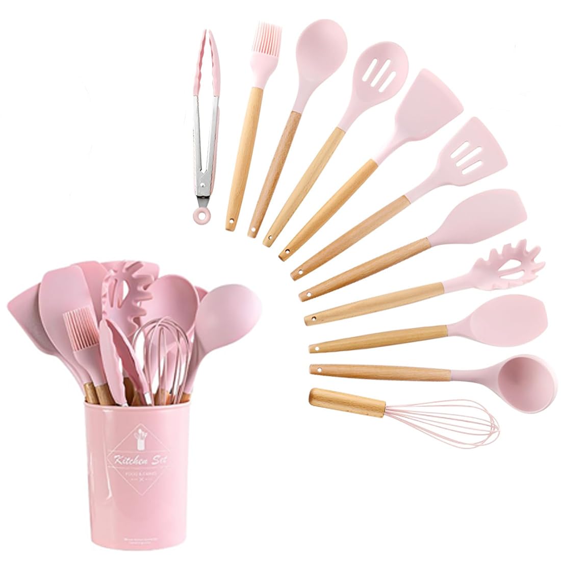 GJIE Kitchen Utensil Set, 12 PCS Silicone Cooking Utensils Set with Wooden Handle, Heat Resistant, Nonstick Cookware Tongs Spatula Spoon Set, Dishwasher Safe, Best Kitchen Tools (Pink)