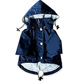Navy Blue Zip Up Dog Raincoat with Reflective Buttons, Pockets, Rain/Water Resistant, Adjustable Drawstring, Removable Hood - Size XS to XXL Available - Stylish Premium Dog Raincoats by Ellie (L)