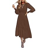 ZESICA Women's Casual Long Sleeve Crew Neck High Waist Smocked Flowy Tiered Midi Dress