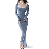 PUMIEY Women's Square Neck Long Sleeve Maxi Dress Ribbed Bodycon Dresses for Women Soft Lounge Dress