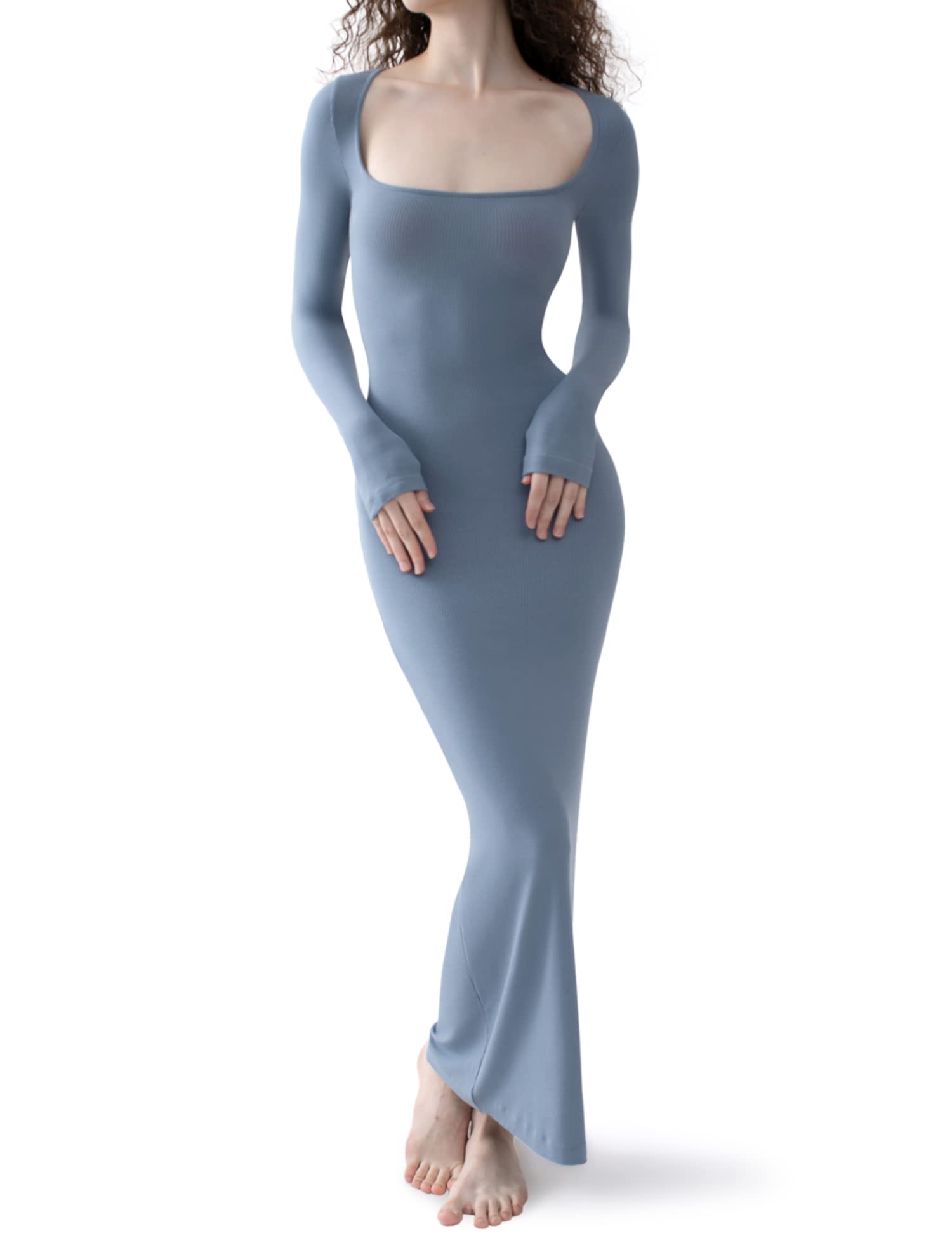 PUMIEY Long Sleeve Dress for Women Square Neck Soft Lounge Maxi Dress Sexy Bodycon Fall Dresses for Women Blue Dress Aegean XX-Large Image