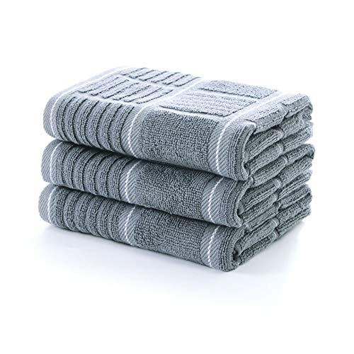 Anyi Kitchen Dish Towels Heavy Duty Absorbent Dish Clothes with Hanging Loop 100% Cotton Tea Bar Towels (16x26, Set of 3, Grey)