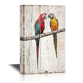 Birds and Poultry Canvas Wall Art - Two Colorful Parrots Lovers Standing on a Tree Branch - Vintage Wood Style Giclee Print Gallery Wrap Modern Home Art | Ready to Hang - 12x18 inches