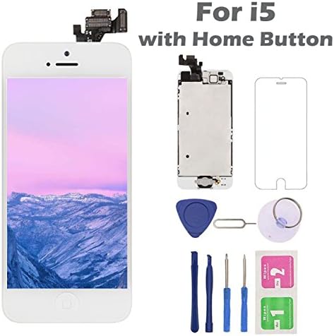 For iPhone 5 Screen Replacement with Home Button, Arotech 4.0 Inch Full Assembly LCD Display Digitizer Touch Screen with Repair Tool Kit and Tempered Glass (iPhone 5 White)