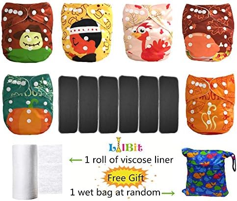 LilBit 6 Pcs Thanksgiving digital print reusable baby cloth diapers + 6pcs bamboo charcoal inserts