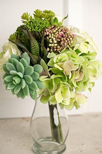 Faux Hydrangea, Rose & Succulent Bouquet in Green and White 12" Tall (Faux Hydrangea)