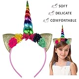 Halloween Unicorn Horn Ears Headband - Rainbow with Flowers Headpiece Cosplay Costume Accessory
